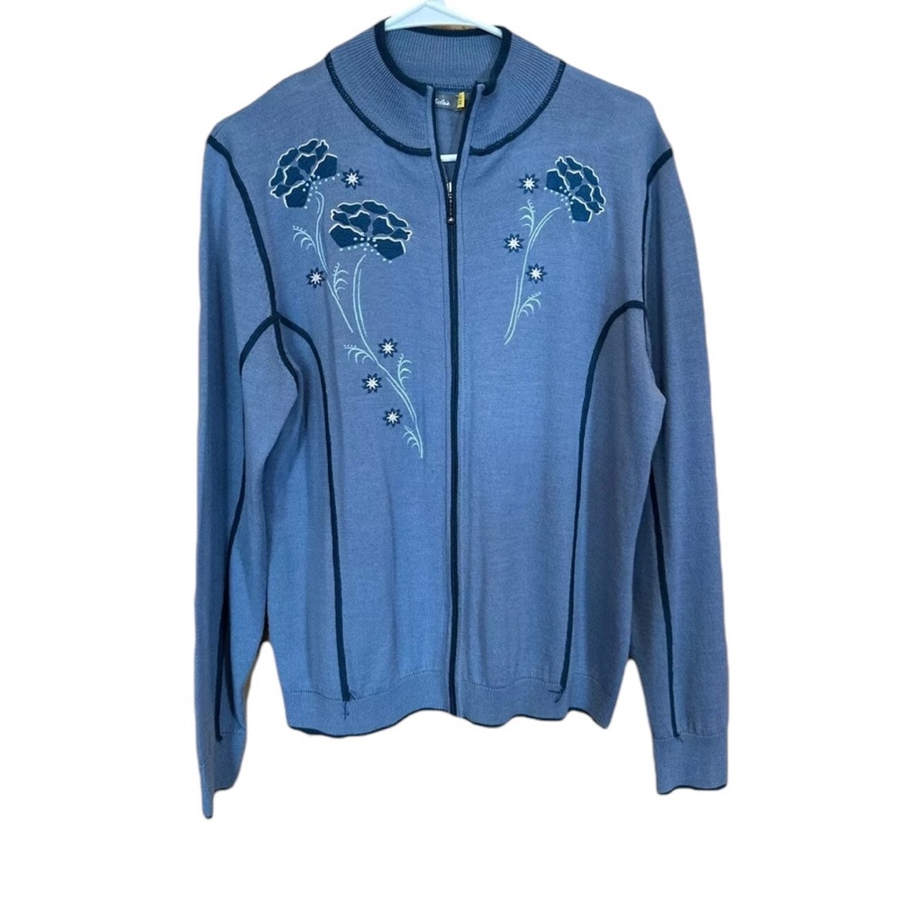 Cabelas  Merino Wool Blend Floral Embroidered Full Zip Knit Soft Sweater Large